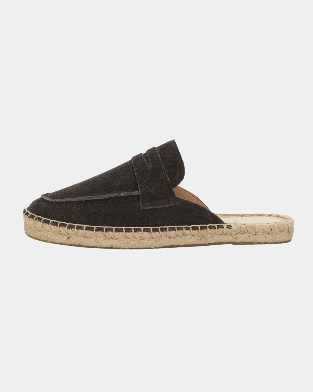 Dark brown suede men's slip-on mule with a woven espadrille-style jute sole and flexible rubber outsole.