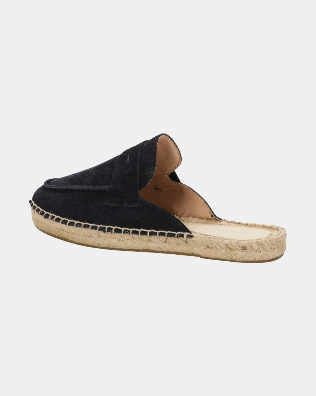 Men's navy blue suede mule slippers with a woven espadrille sole and flexible rubber outsole.