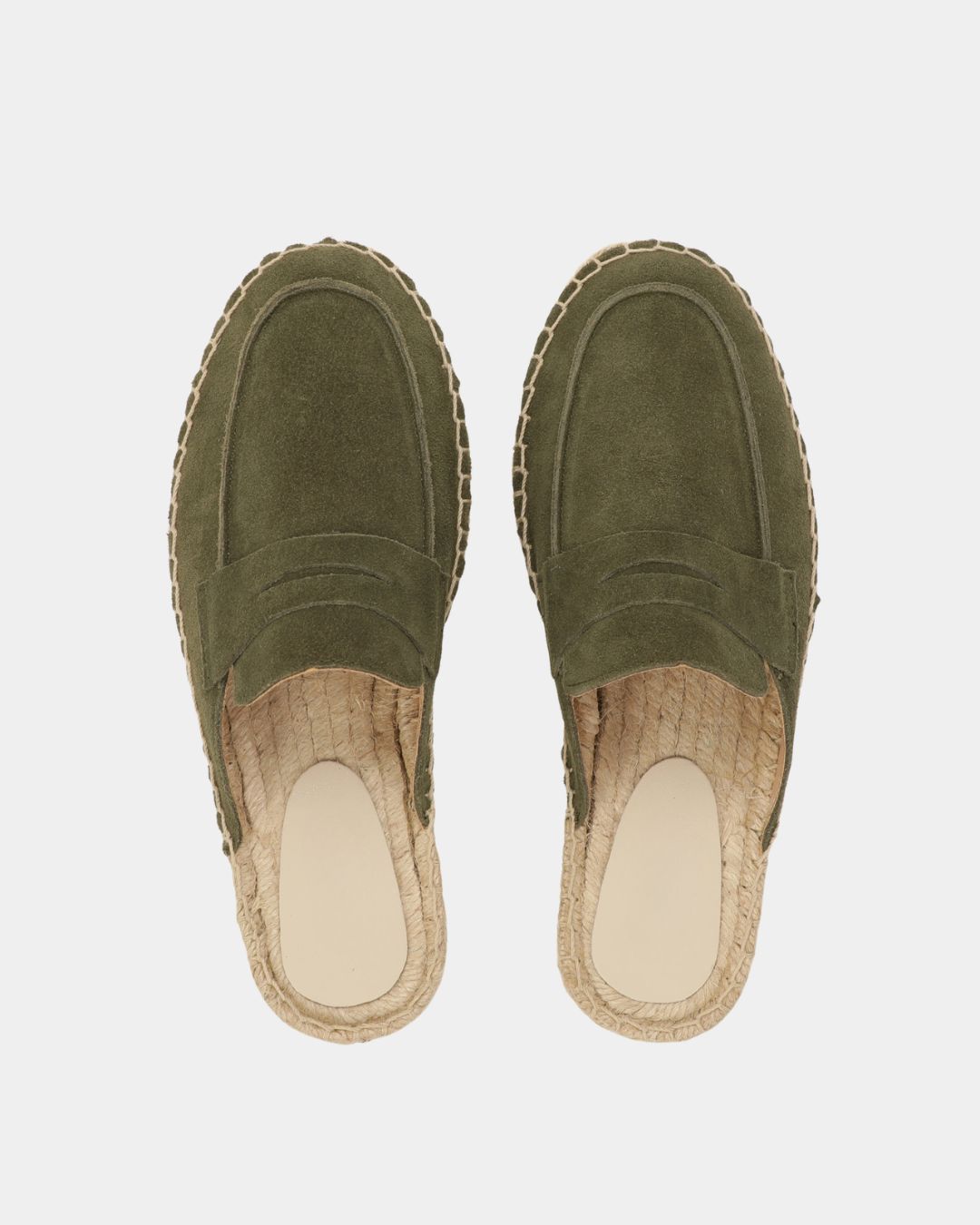 Olive green suede men's mule slippers with a woven espadrille sole and slip-on loafer design.
