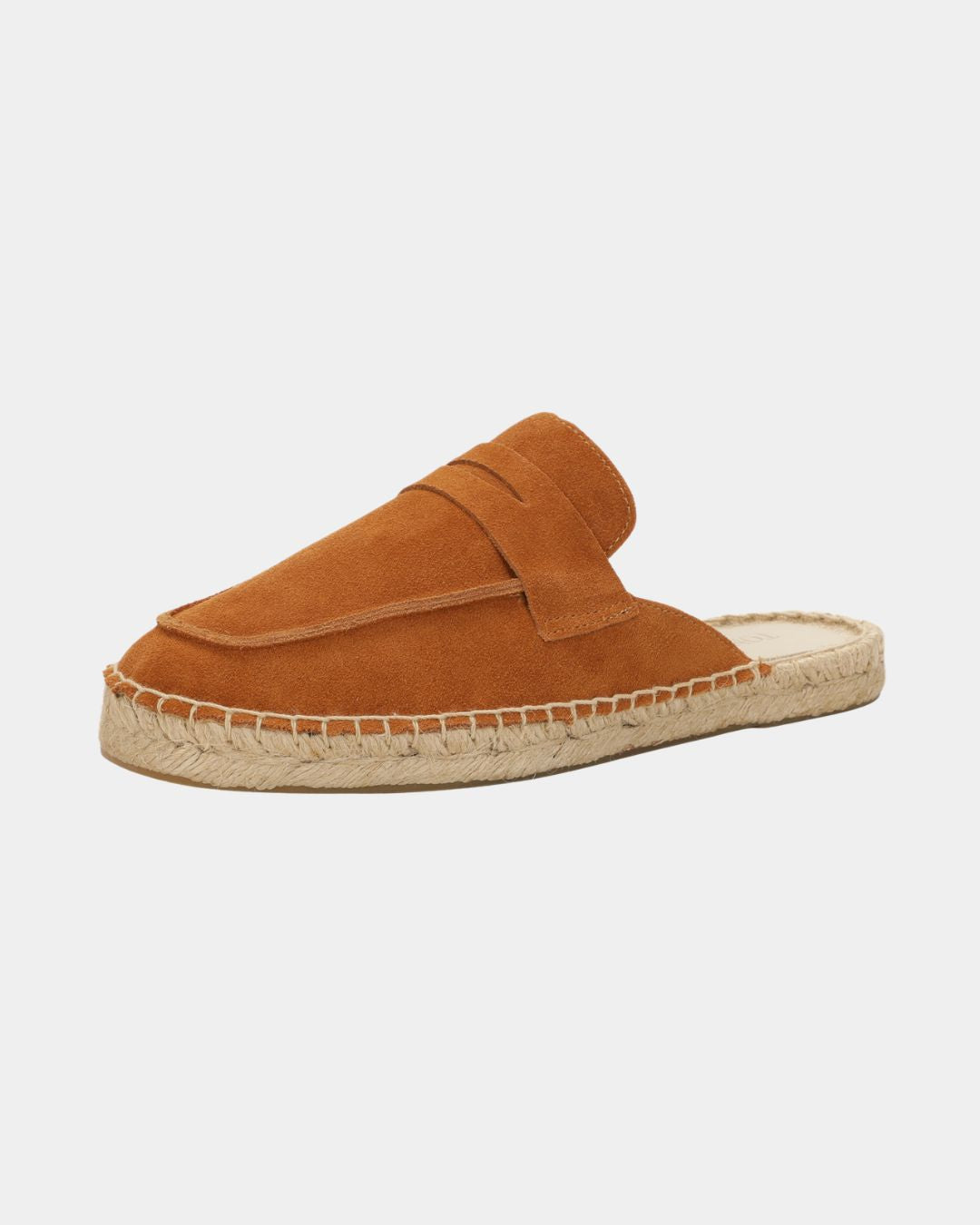 Men’s tan suede slip-on mule slippers featuring a woven espadrille-style sole and a flexible rubber outsole.