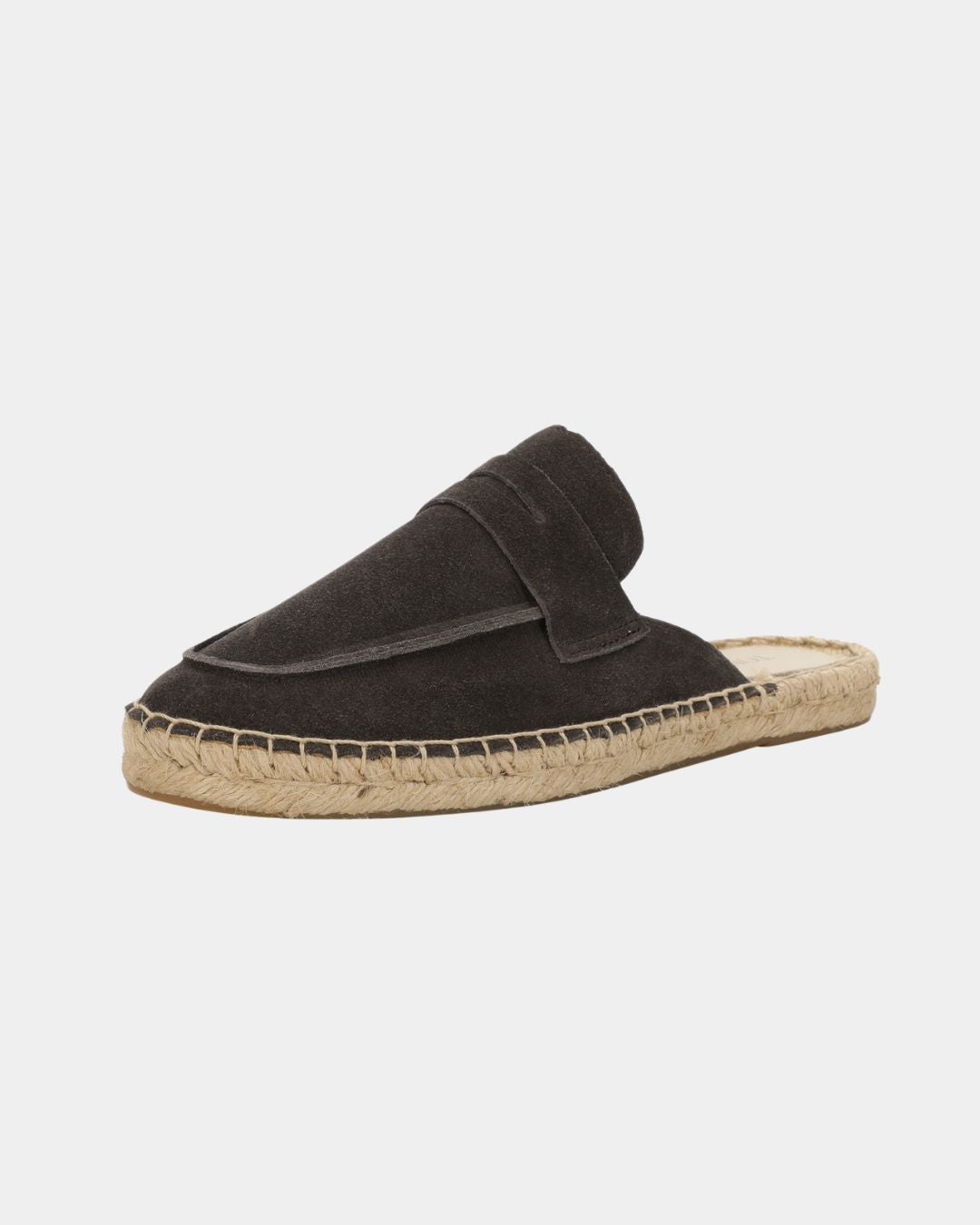 Dark brown suede men’s mule slippers featuring a woven jute espadrille sole and a slip-on loafer design.
