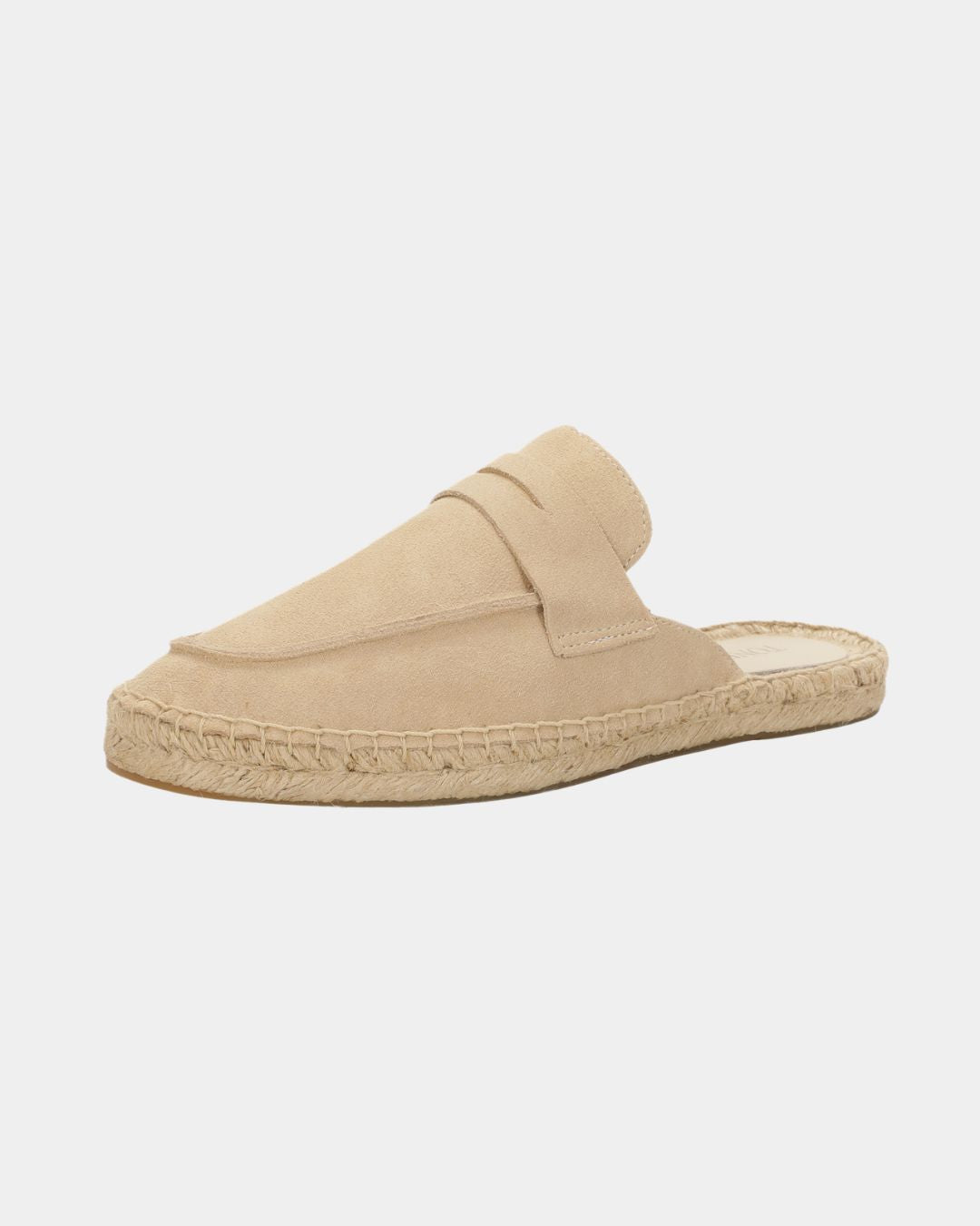 Men's tan suede mule slippers featuring a woven espadrille-style sole and a comfortable slip-on loafer design.