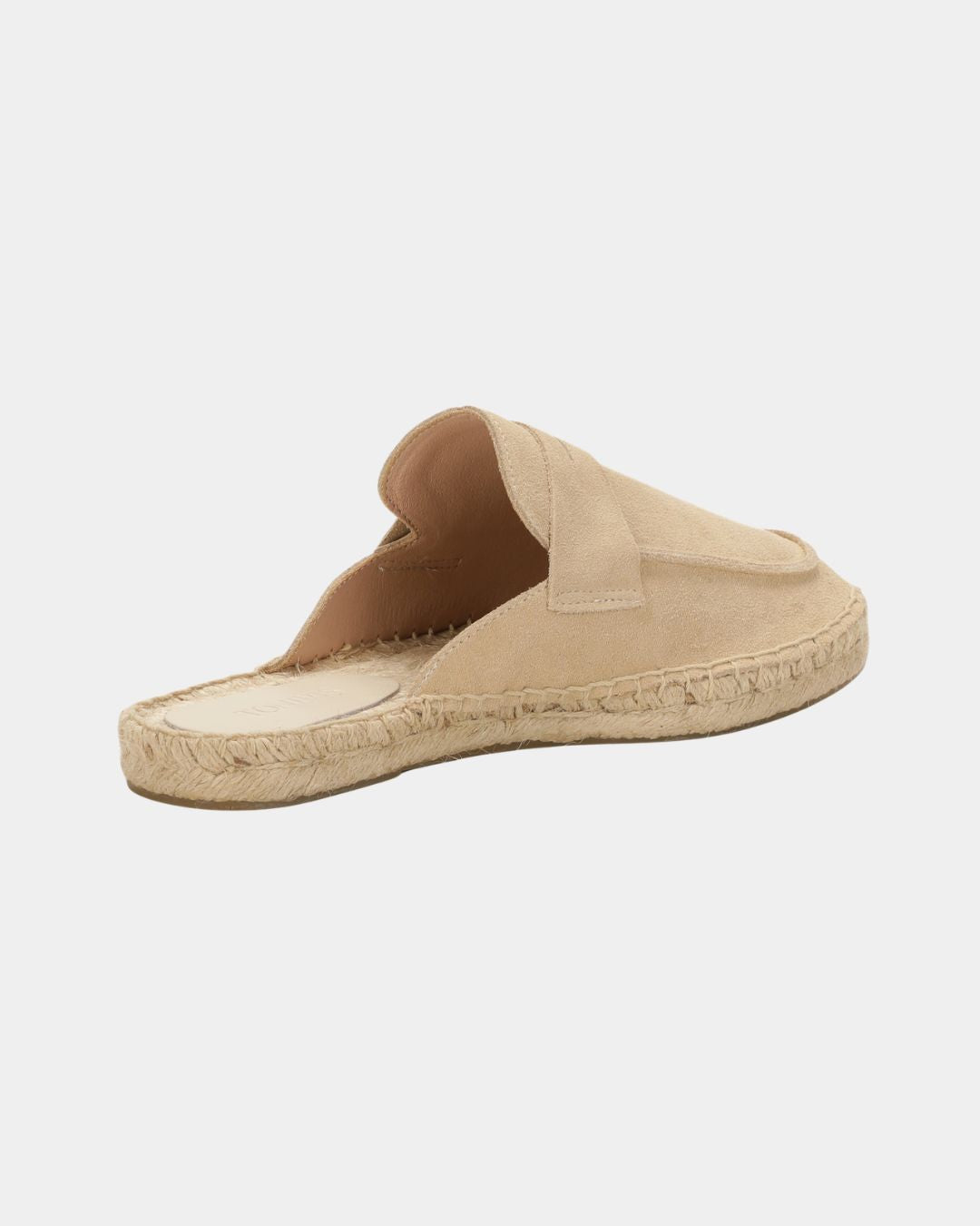Beige suede men's slip-on mule slippers with a woven espadrille-style jute sole and flexible rubber outsole.