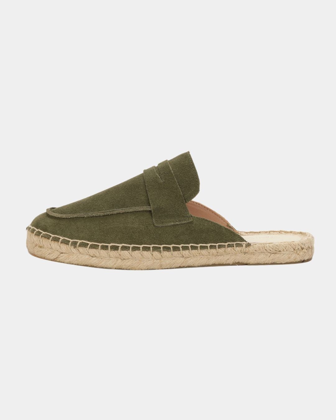 Olive green suede men's slip-on mule with a woven espadrille sole and rubber outsole.