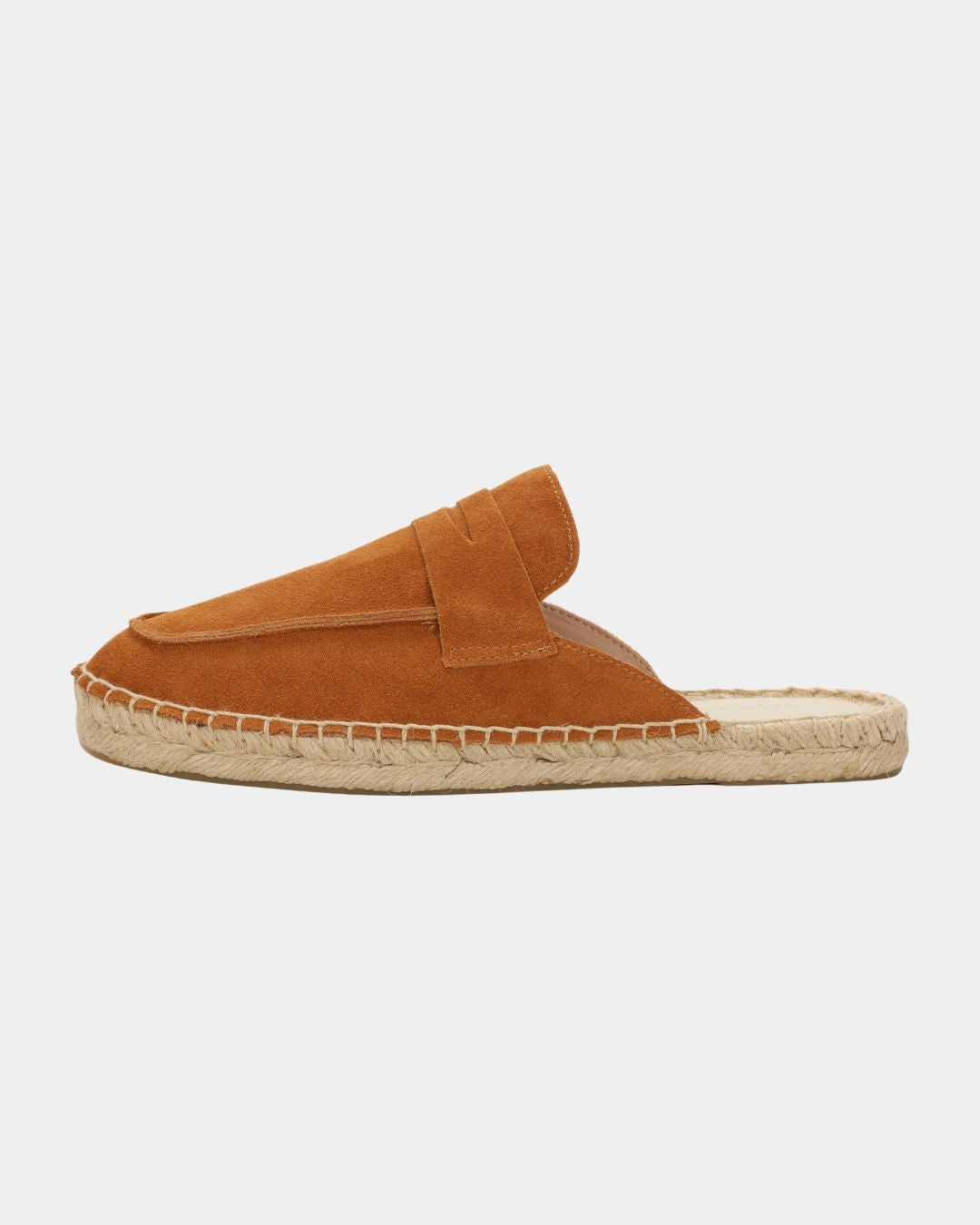 Men's tan suede mule slippers featuring a classic penny loafer design and a woven jute espadrille sole.