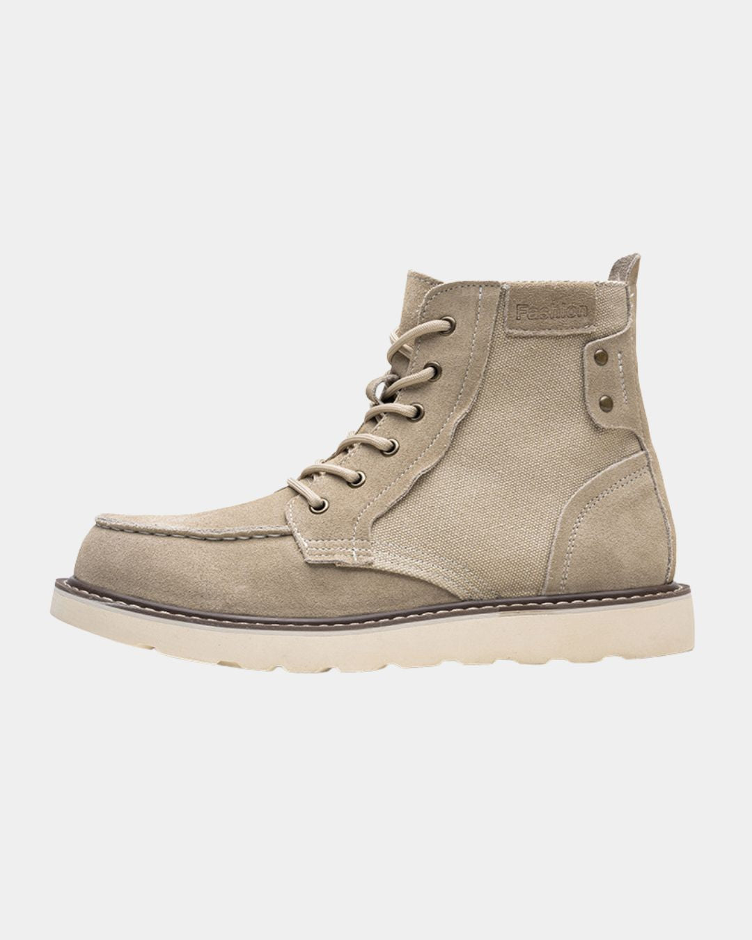 Beige suede and canvas lace-up moc toe ankle boots with a chunky rubber outsole and metal eyelets.
