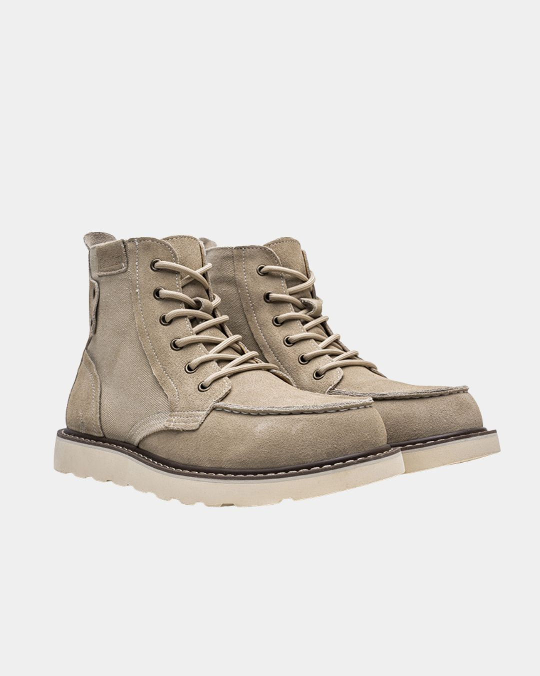 Tan suede and canvas lace-up moc toe ankle boots with a chunky rubber outsole.
