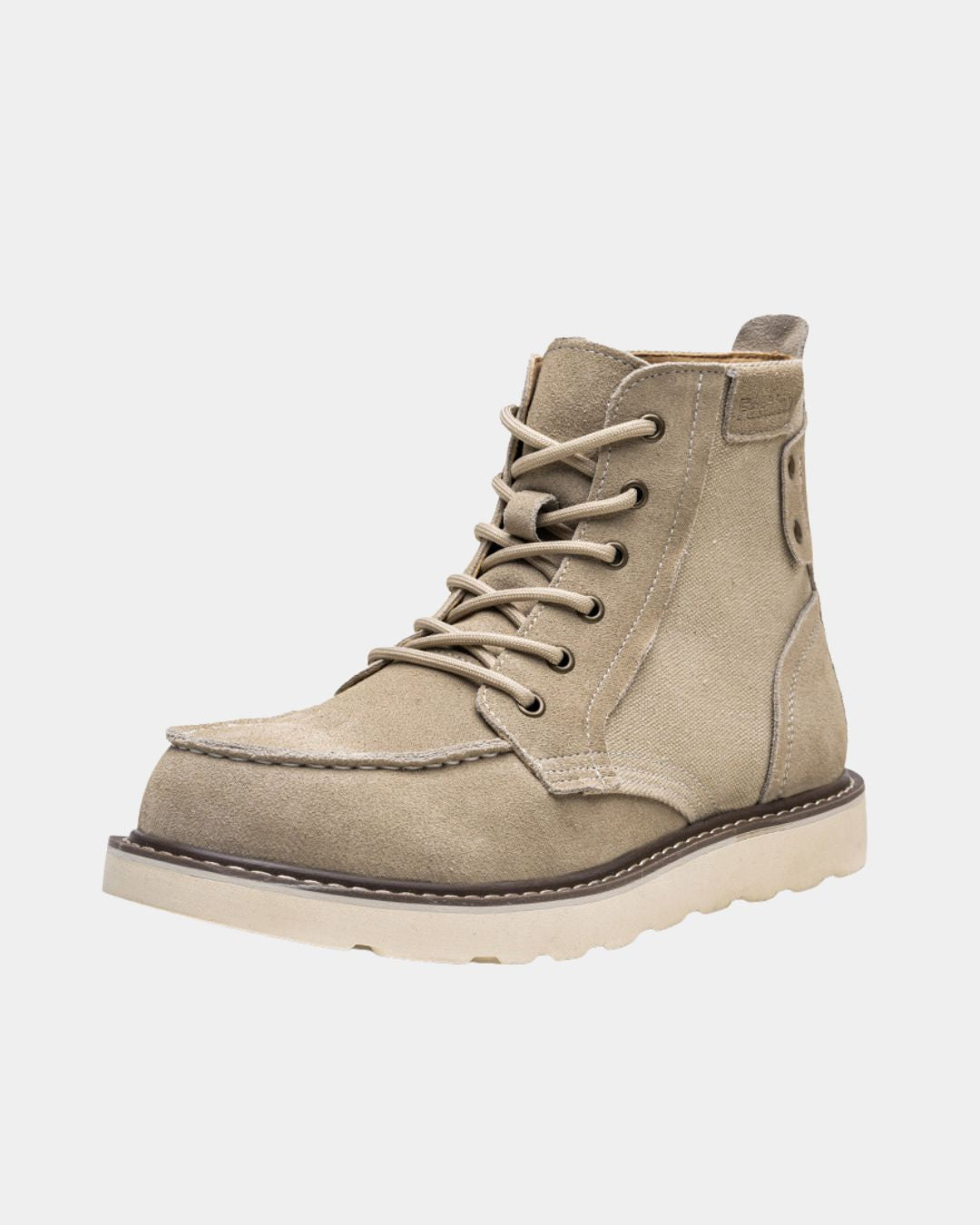 Tan suede and canvas lace-up ankle boots with moc toe stitching and a chunky white rubber outsole.