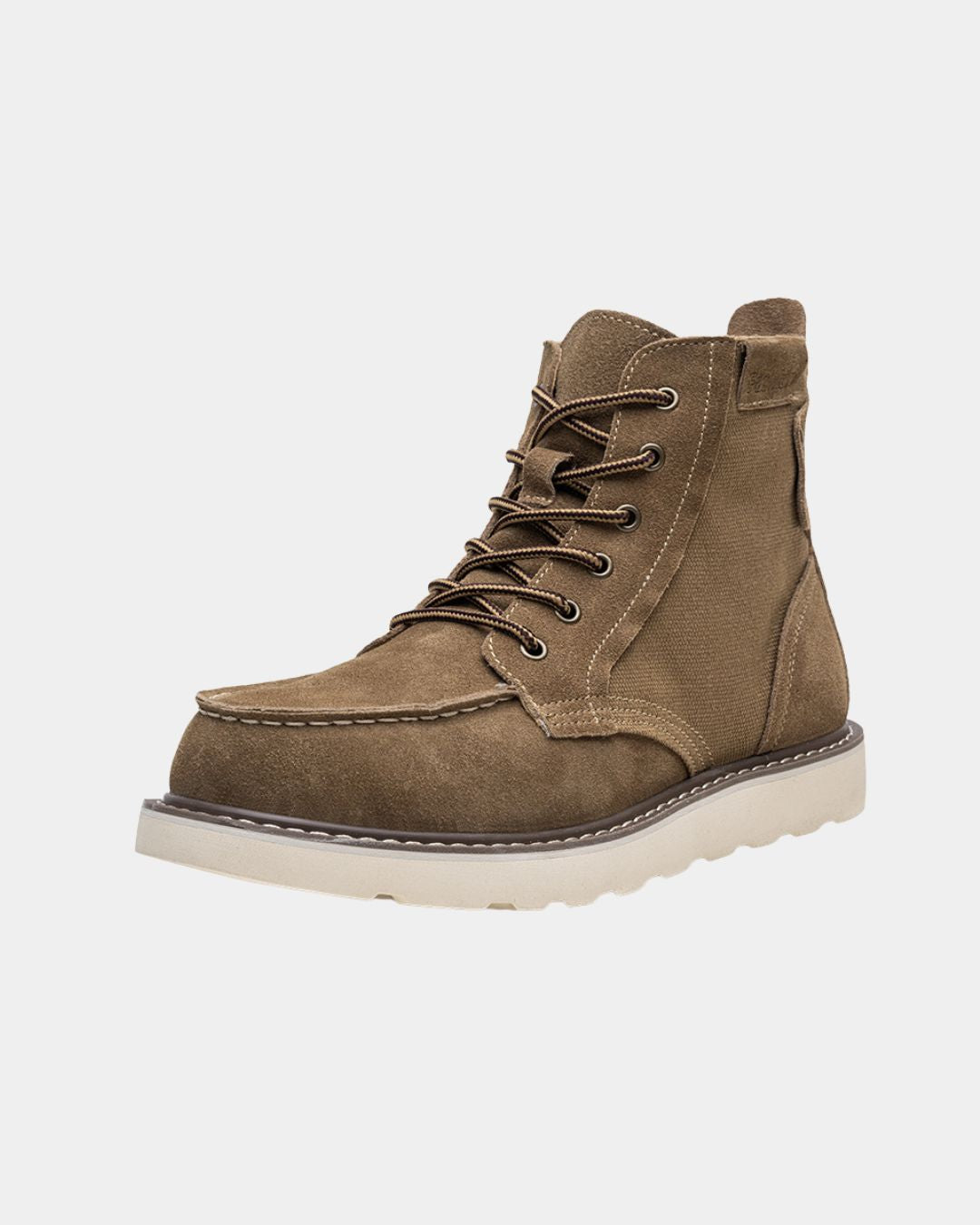 Brown suede moc toe ankle boots with canvas panels, metal eyelets, and a chunky white rubber outsole.