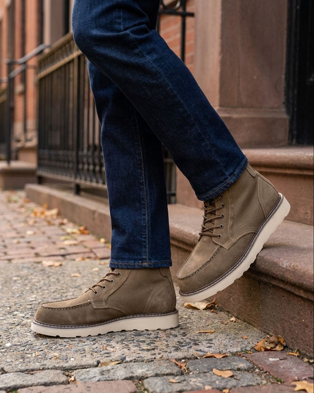 Men's tan suede moc toe ankle boots with canvas panels, lace-up closure, and a chunky white rubber outsole worn with jeans.