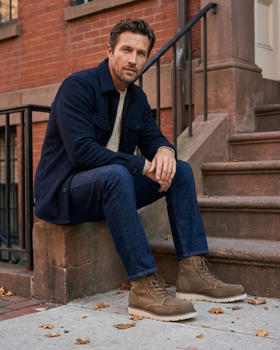 Man wearing brown suede moc toe ankle boots with canvas panels and chunky rubber outsoles while sitting on steps.