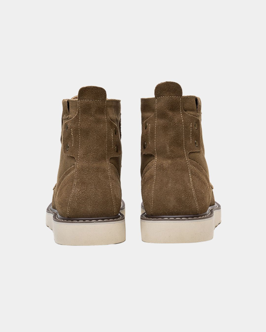 Back view of olive brown suede and canvas ankle boots with chunky white rubber outsoles and reinforced stitching.