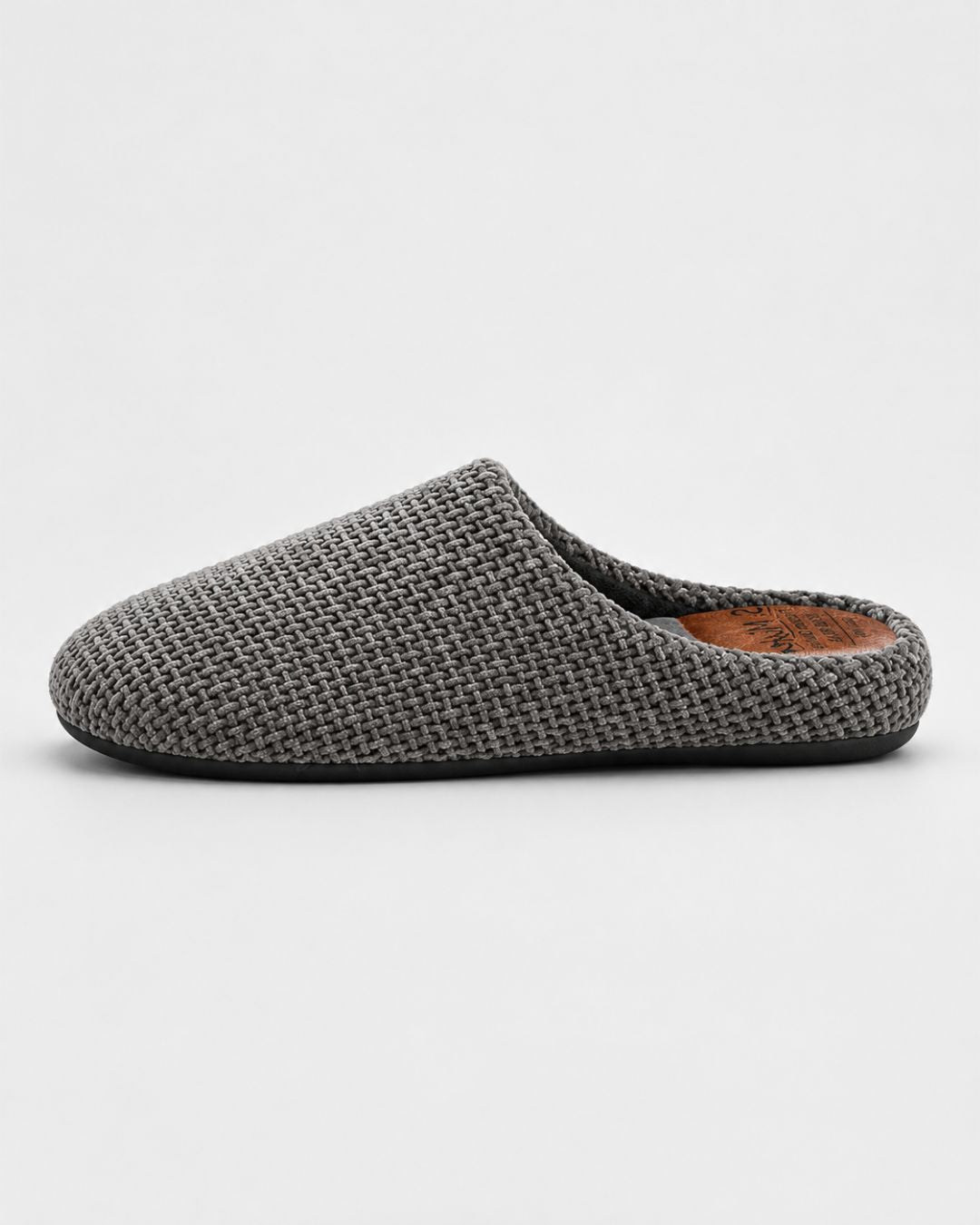 Grey woven slip-on house slippers with a rounded toe, plush lining, and a durable black non-slip TPR sole.
