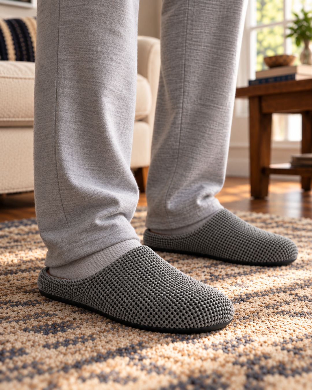 Men wearing grey textured suede house slippers with a plush lining and thick non-slip TPR sole on a living room rug.