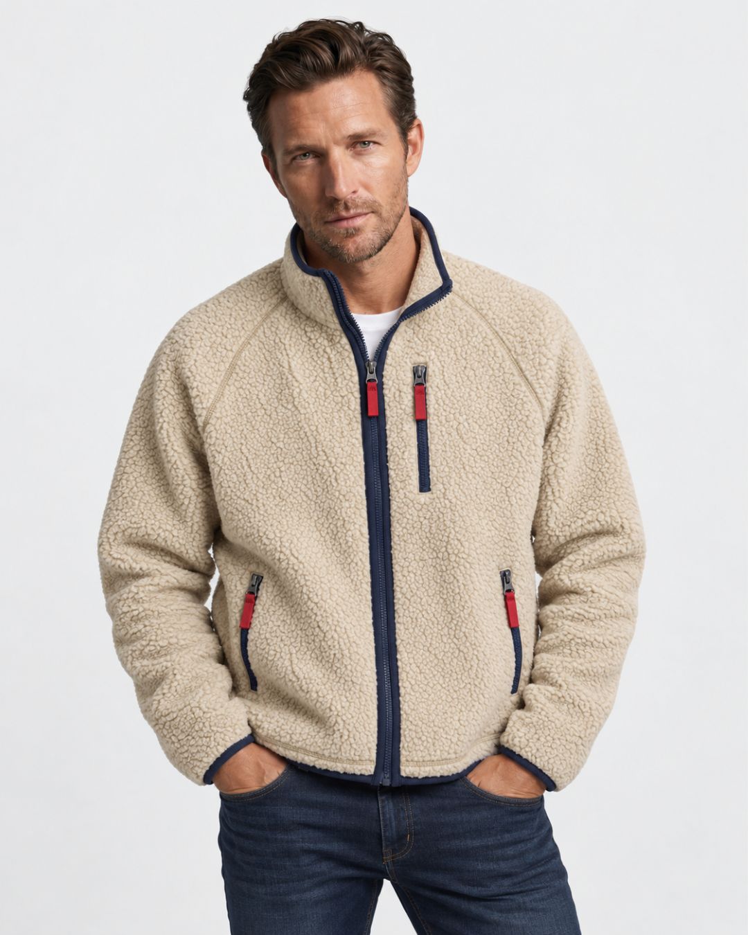 Beige men’s teddy sherpa fleece jacket with a stand collar, navy blue trim, and red-accented zippered pockets.