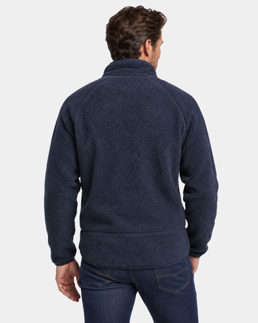 Back view of a navy blue men’s teddy sherpa fleece jacket with a stand collar and textured, plush fabric.
