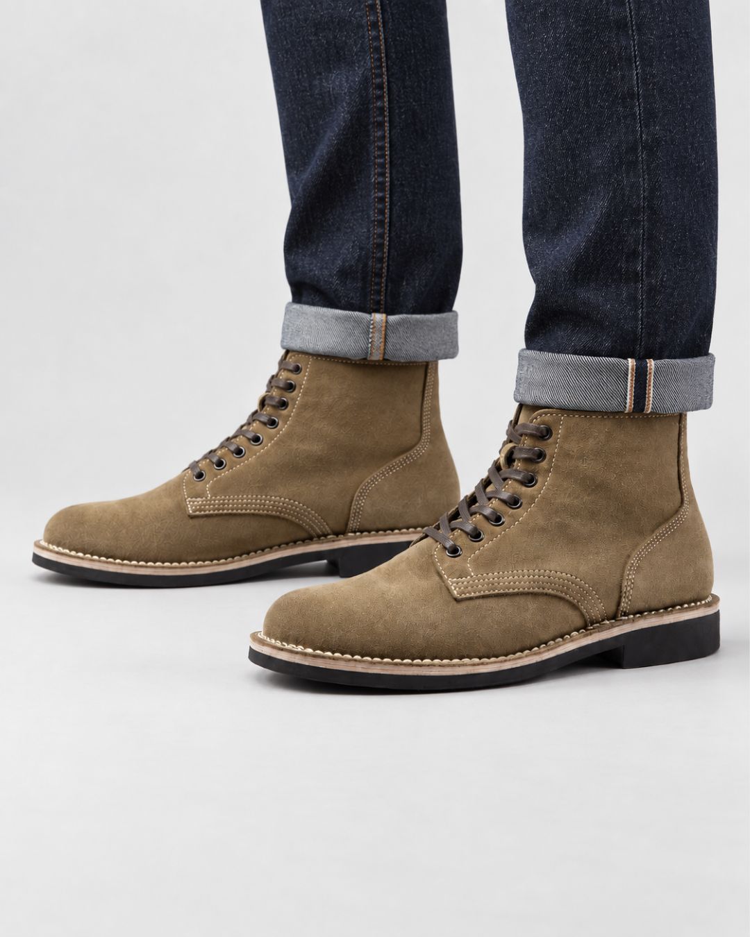 Men’s tan suede lace-up ankle boots with contrast stitching, round toe, and durable rubber outsole worn with denim.