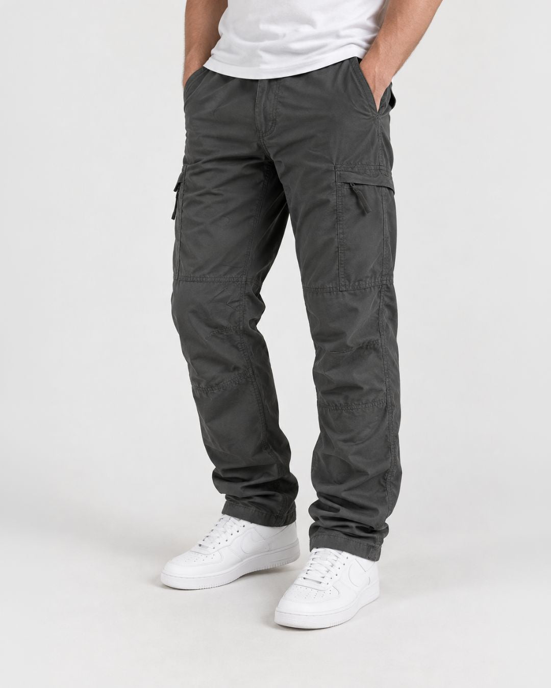 Men’s charcoal grey fleece-lined cargo pants with side zip pockets, knee seam detailing, and a relaxed straight-leg fit.