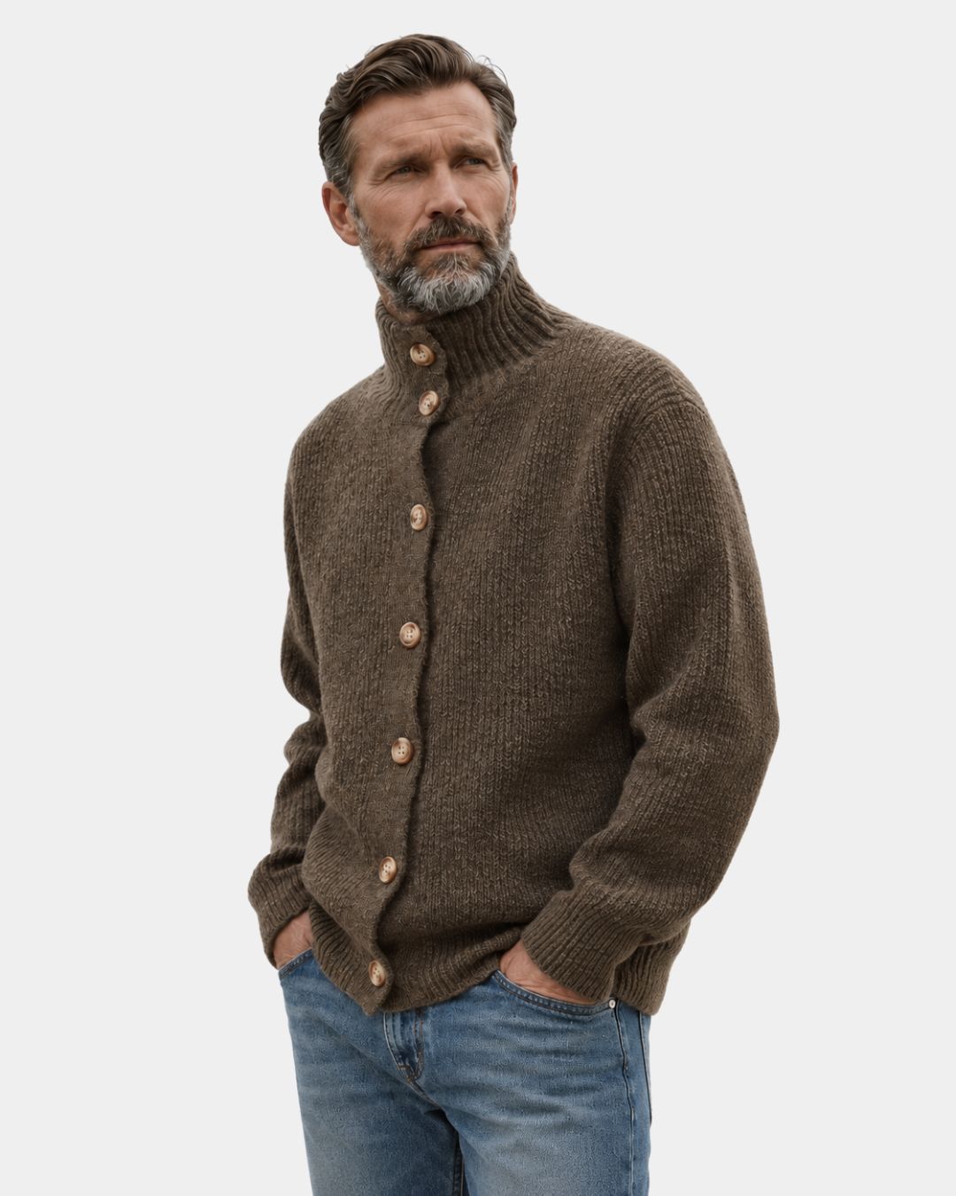 Men wearing a brown, heathered rib-knit cardigan with a tall collar, full button front, and relaxed fit with jeans.