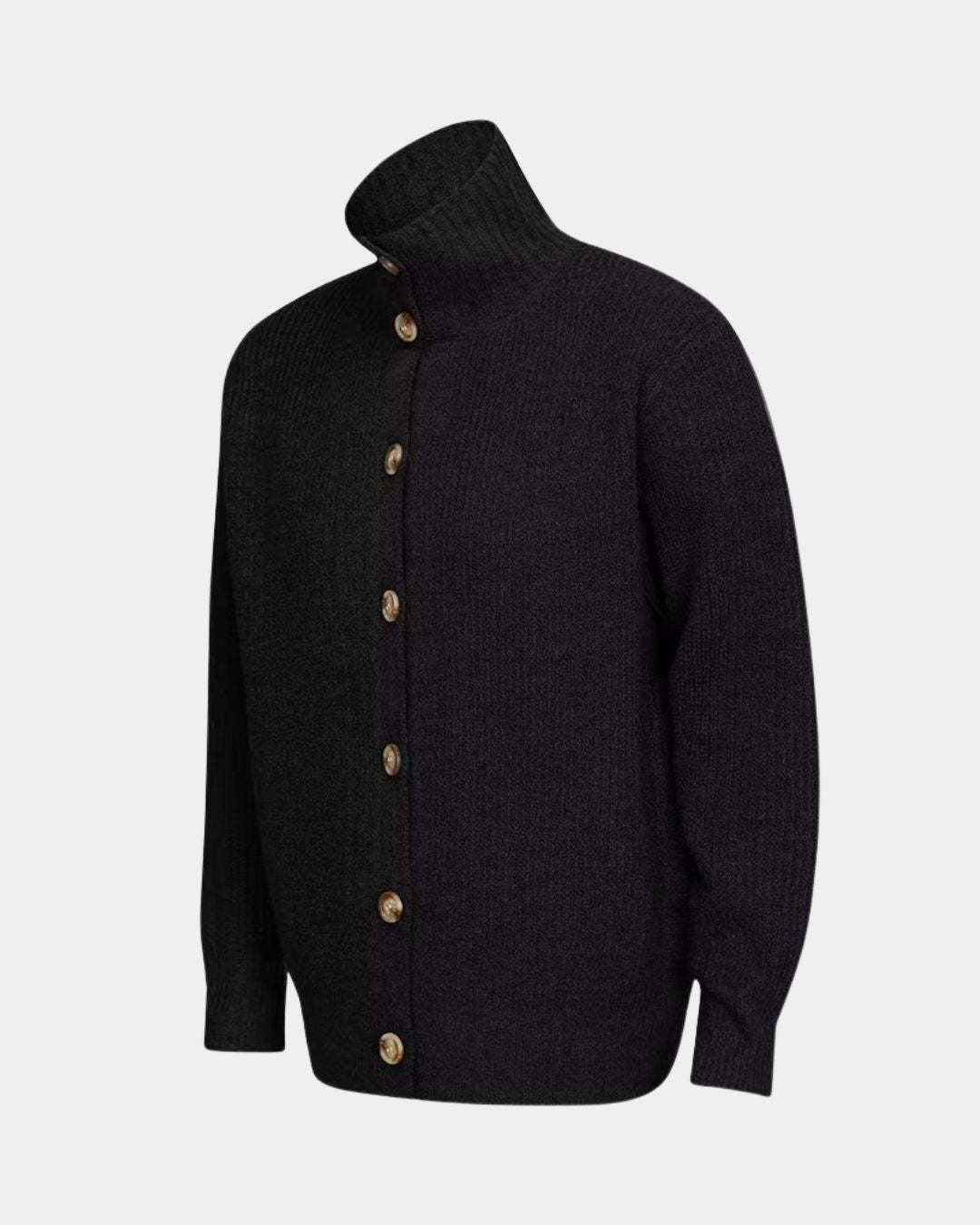 Charcoal grey men's button-up knit cardigan with a tall ribbed high collar and relaxed dropped shoulder fit.