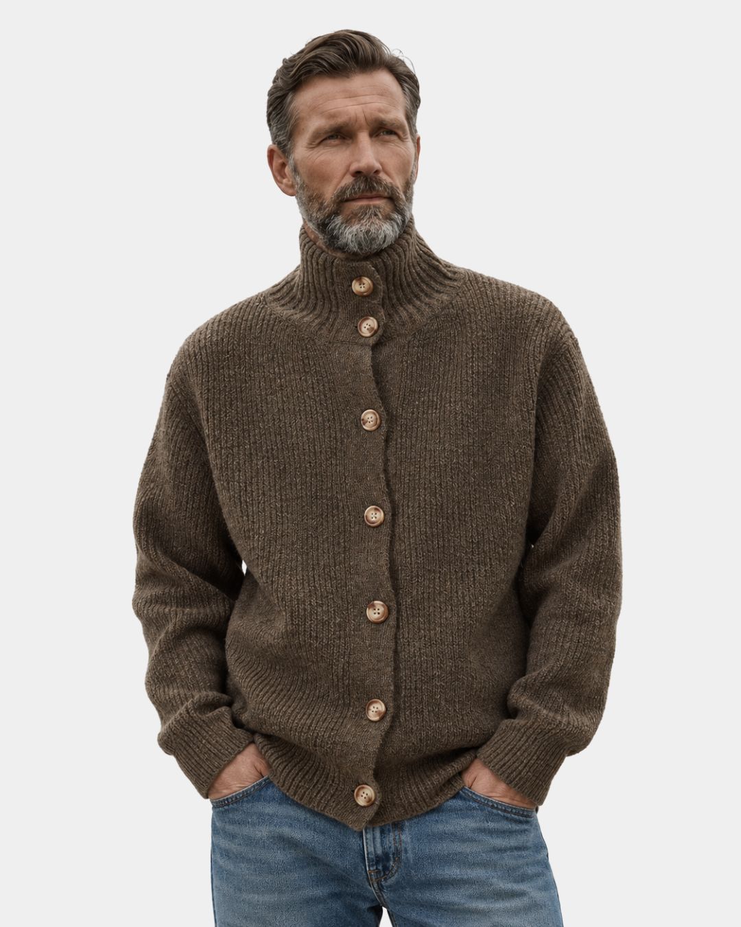 Man wearing a brown, heathered rib-knit cardigan with a tall high collar, button-up front, and relaxed dropped shoulders.