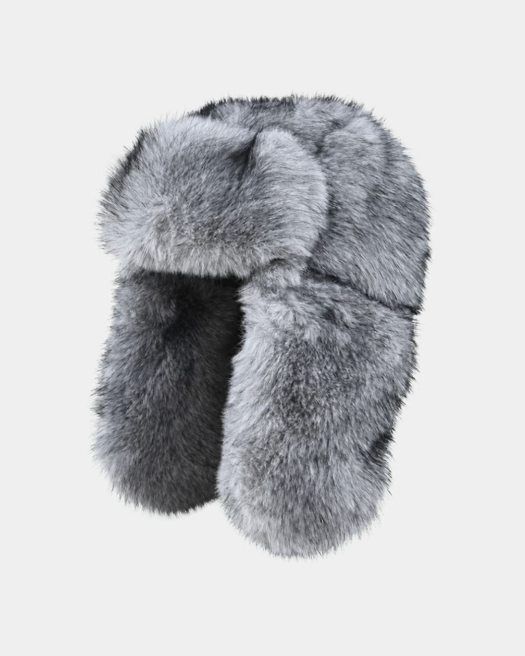 Grey plush men's ushanka trapper hat with soft ear flaps for winter warmth and wind protection.
