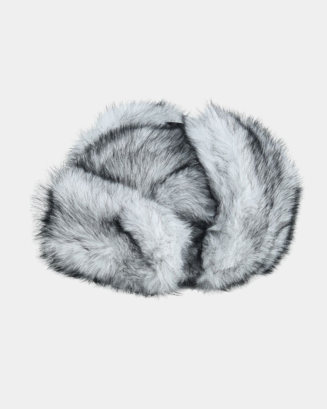 Men's grey and white plush ushanka trapper hat with soft ear flaps for cold-weather protection.