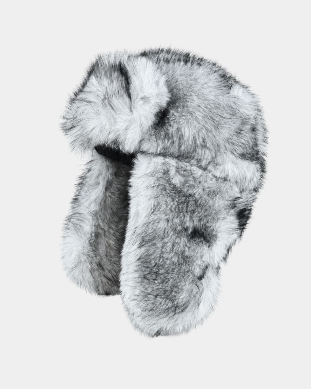 Men's grey and white faux fur ushanka trapper hat with warm ear flaps for cold-weather protection.
