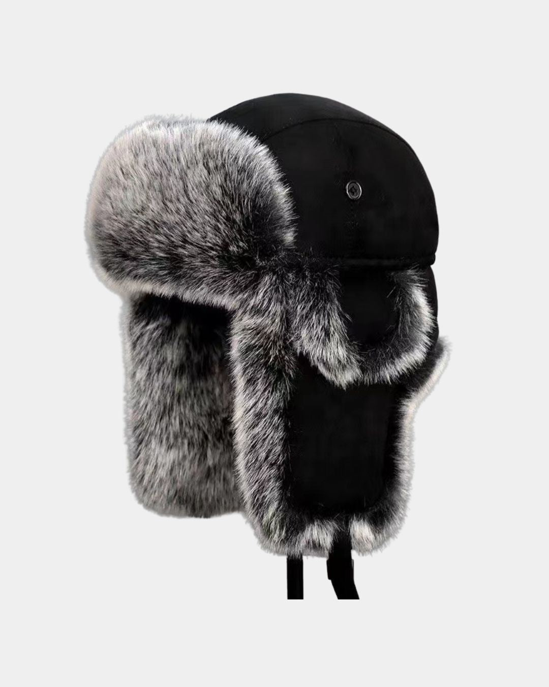 Black men's ushanka trapper hat with plush grey faux fur lining and windproof fabric for cold-weather protection.