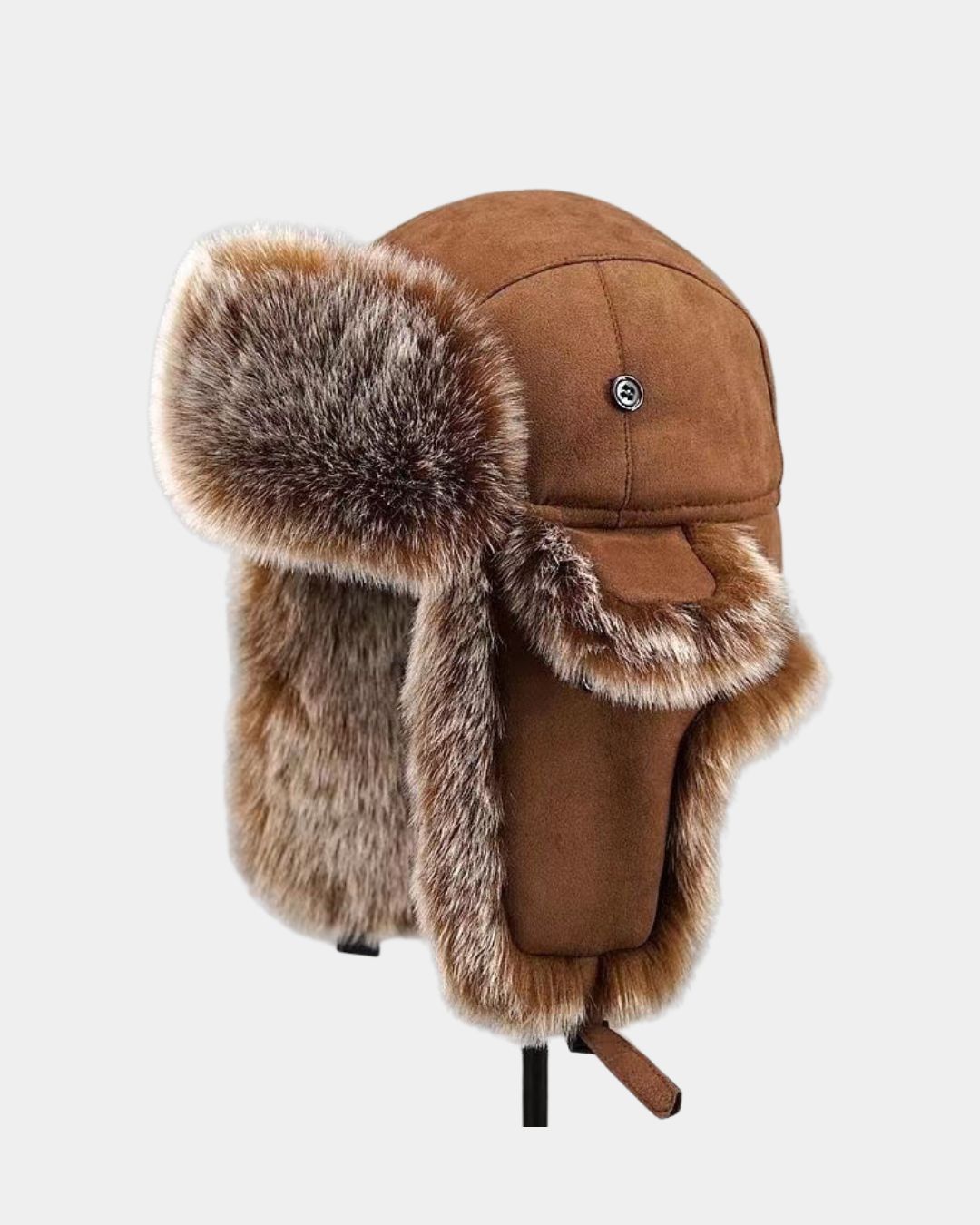 Brown suede men’s ushanka trapper hat with plush faux fur lining, ear flaps, and adjustable windproof design.