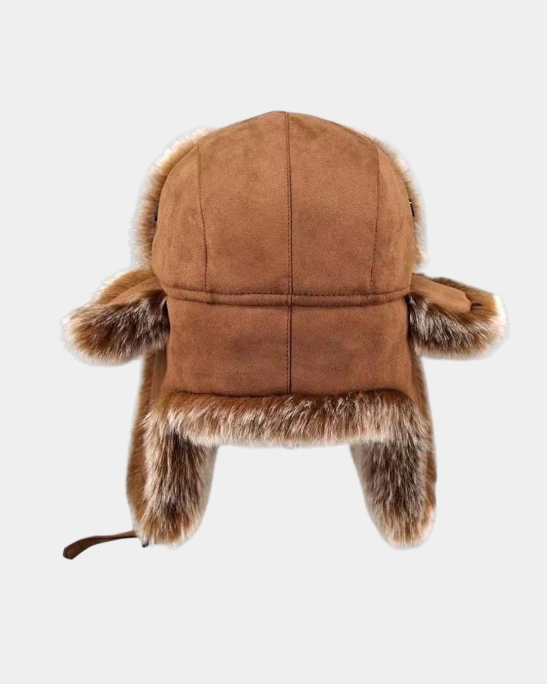 Brown suede men’s ushanka trapper hat with plush faux fur lining and ear flaps for winter warmth.