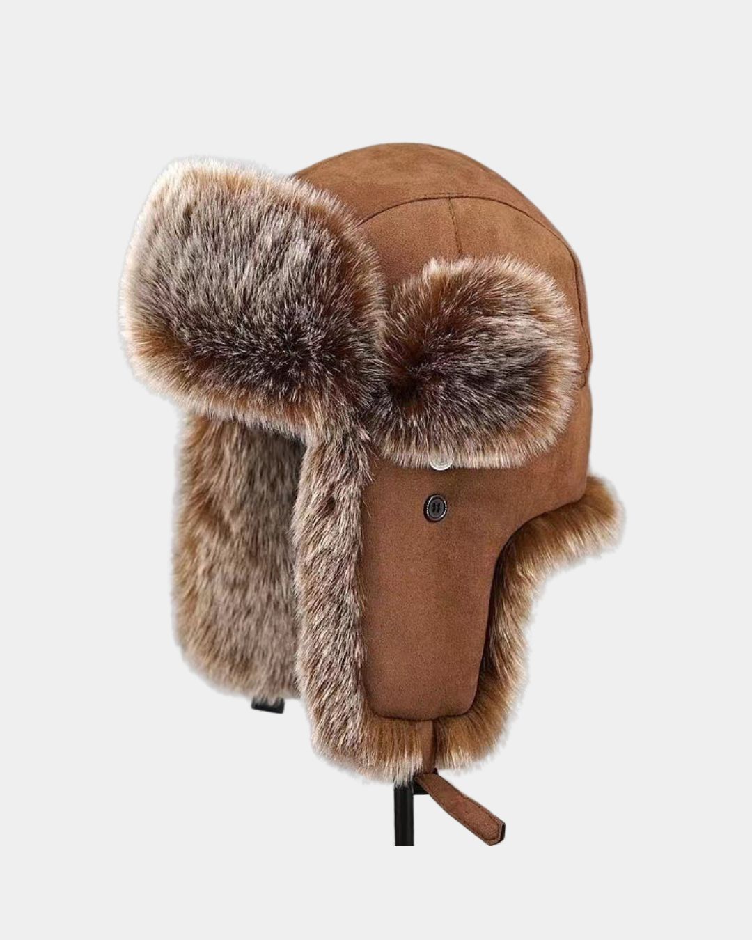 Brown suede men's ushanka trapper hat with plush faux fur lining and adjustable ear flaps for winter warmth.