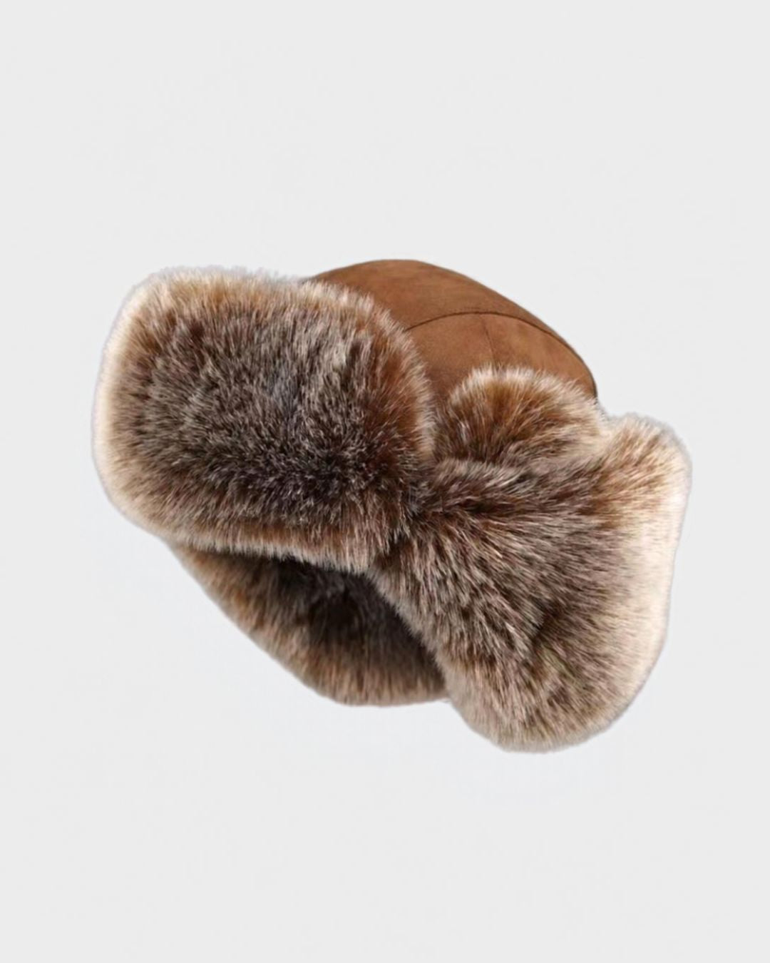 Brown suede men’s ushanka trapper hat with thick, plush faux fur lining and ear flaps for winter warmth.
