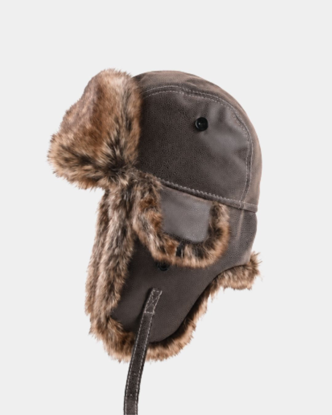 Dark brown men's aviator trapper hat with plush faux fur lining, ear flaps, and a smooth, weather-resistant outer shell.