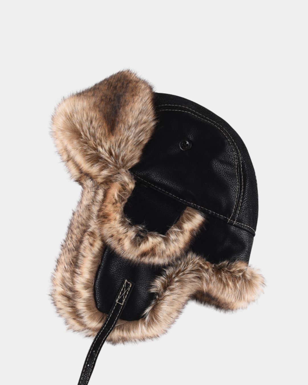Black faux leather aviator trapper hat with plush brown faux fur lining and extended ear flaps for winter warmth.