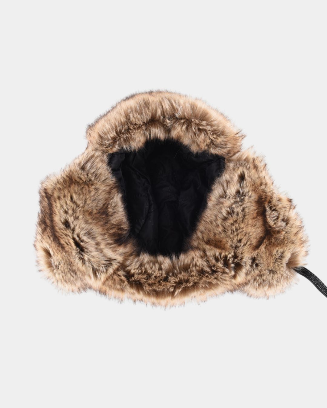 Men’s brown faux fur aviator trapper hat with plush ear flaps and a black quilted interior lining for winter warmth.
