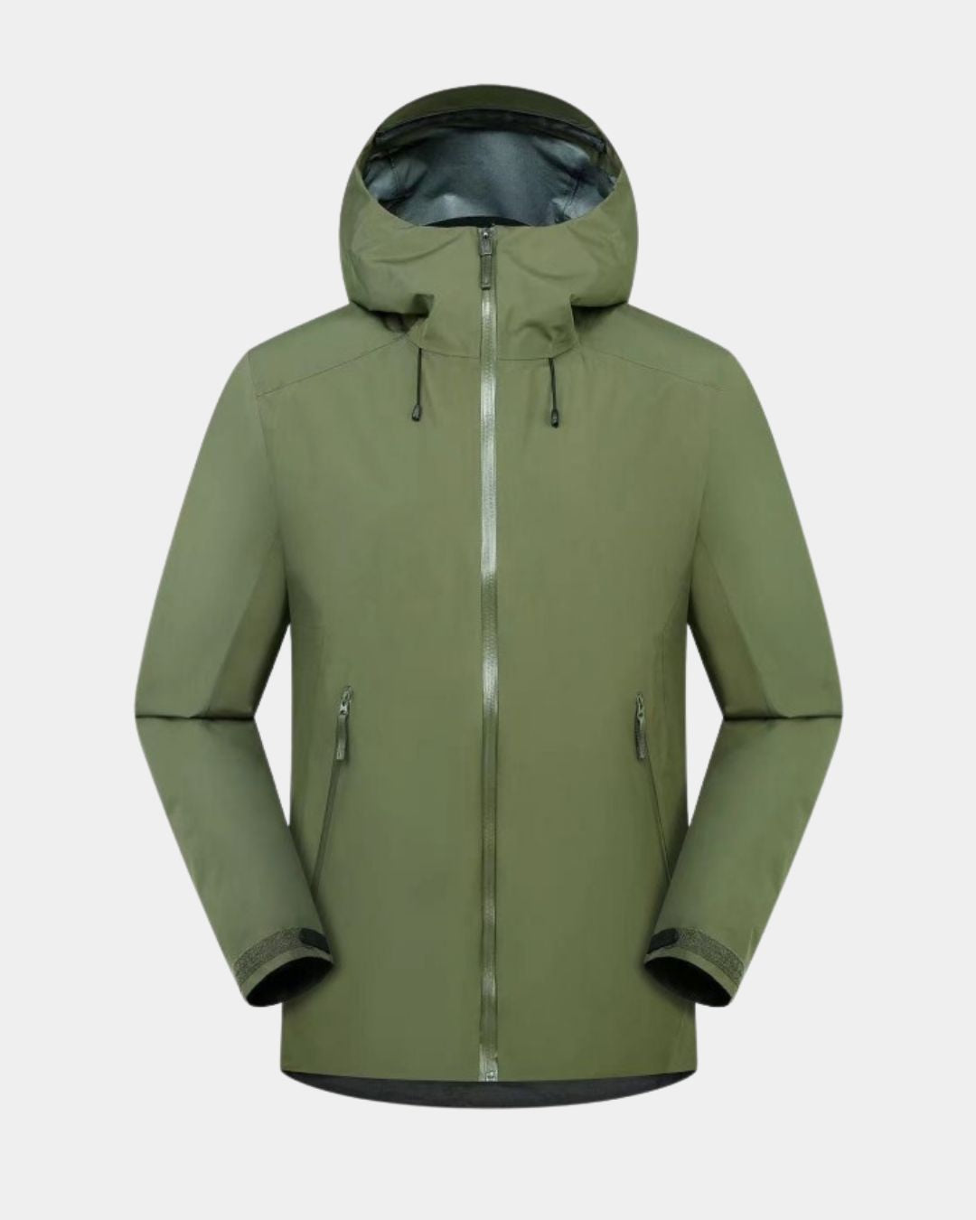Olive green men’s waterproof hooded hiking windbreaker with a full-zip front and adjustable cuffs.