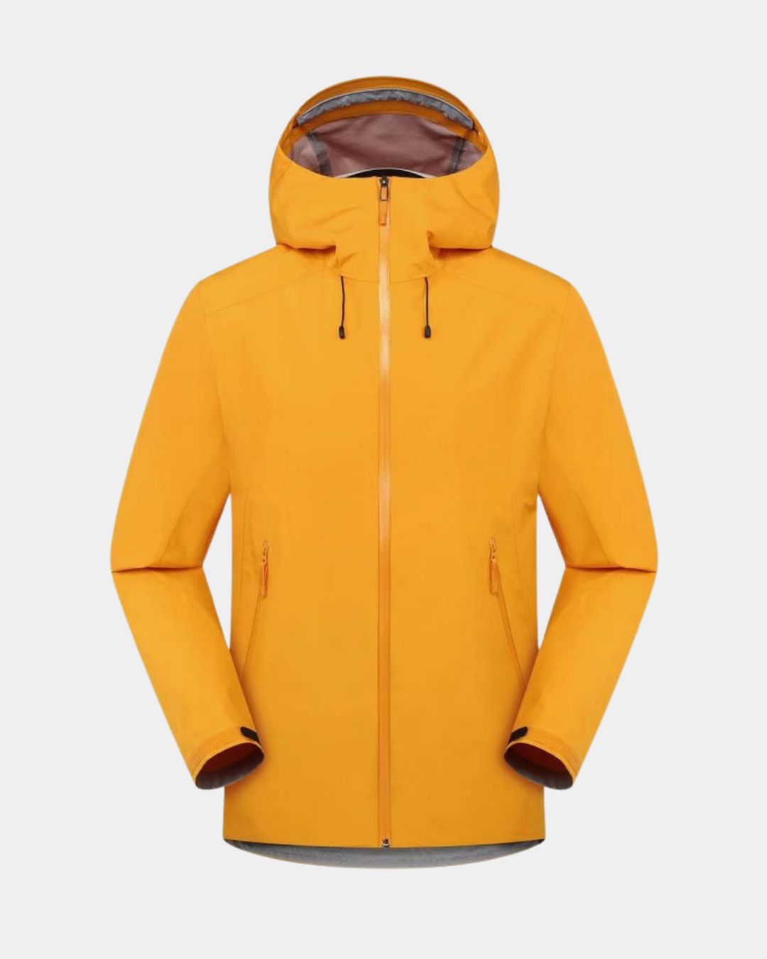 Mustard yellow men's waterproof hiking windbreaker with a full-zip front, adjustable hood, and technical shell design.