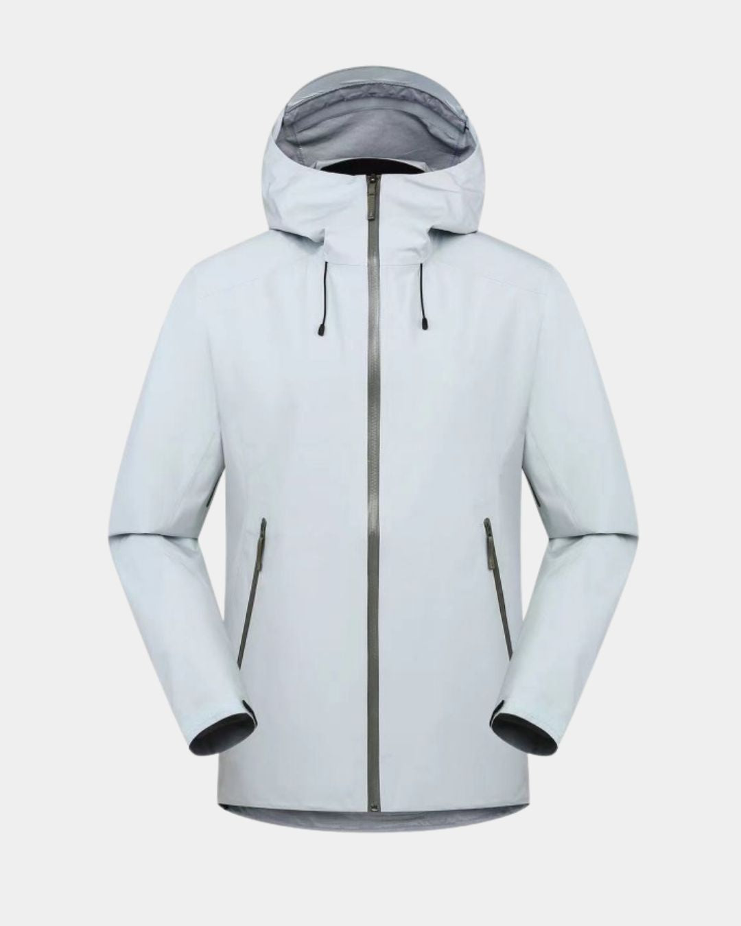 Light grey men’s waterproof hiking windbreaker with an adjustable hood, full-zip front, and taped seams.