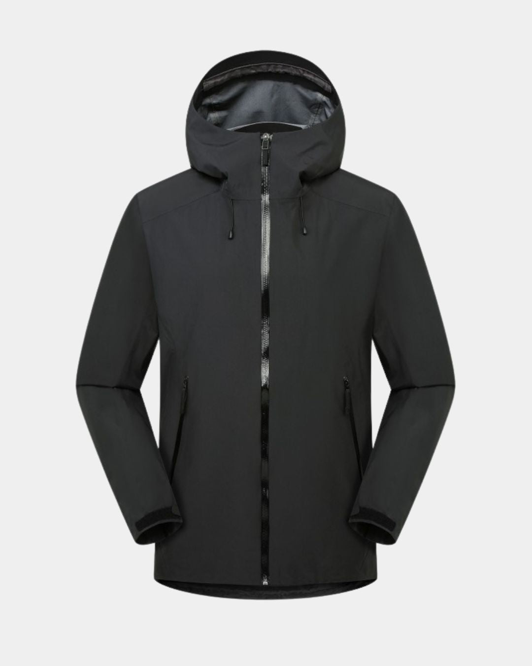 Black waterproof hooded hiking windbreaker with a full-zip front and adjustable cuffs.