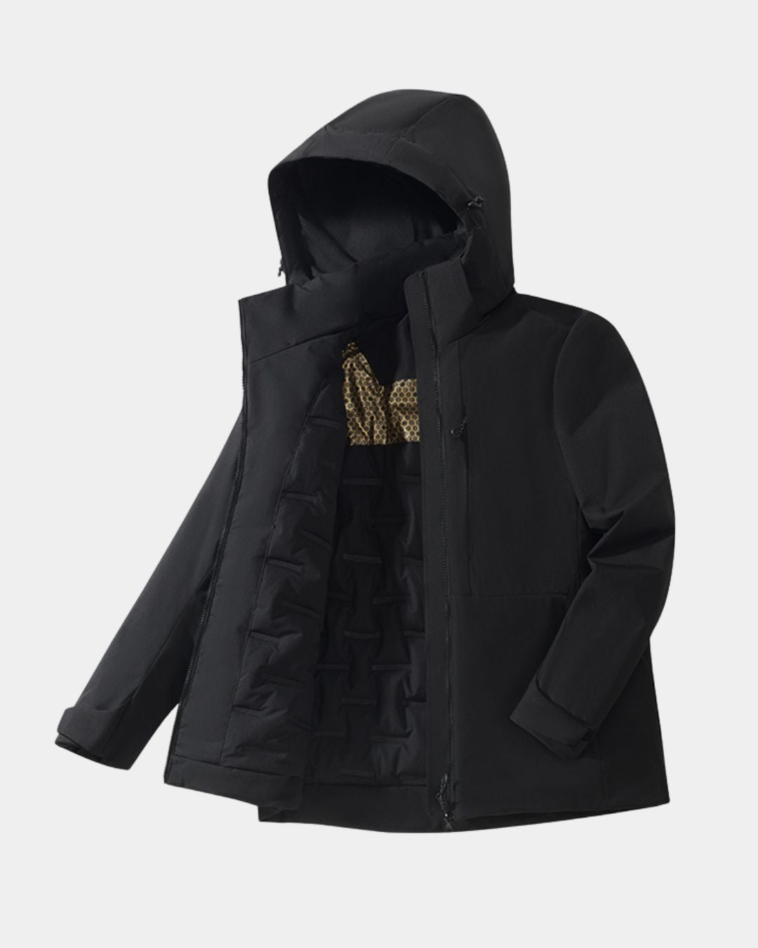 Three-quarter view of men's black waterproof insulated windbreaker jacket with detachable hood and padded lining