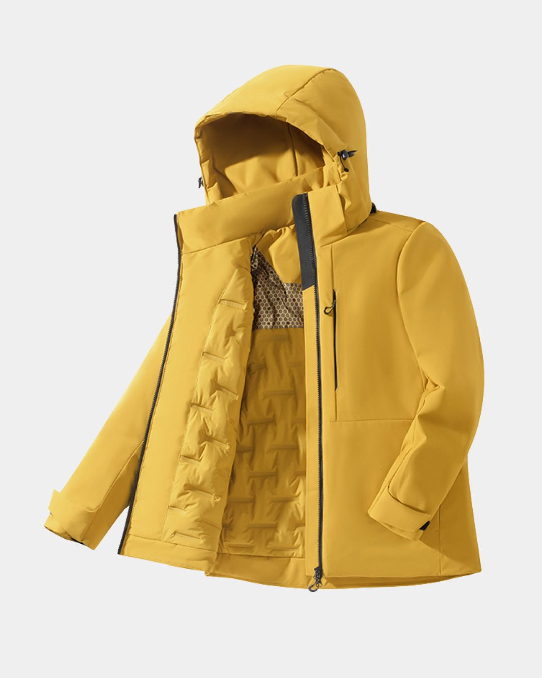 Front view of men's yellow waterproof insulated windbreaker jacket with detachable hood