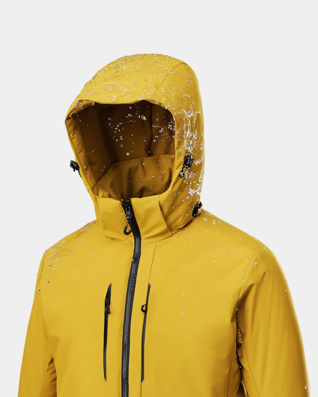 Upper of men's yellow waterproof insulated windbreaker jacket with detachable hood showing water resistance