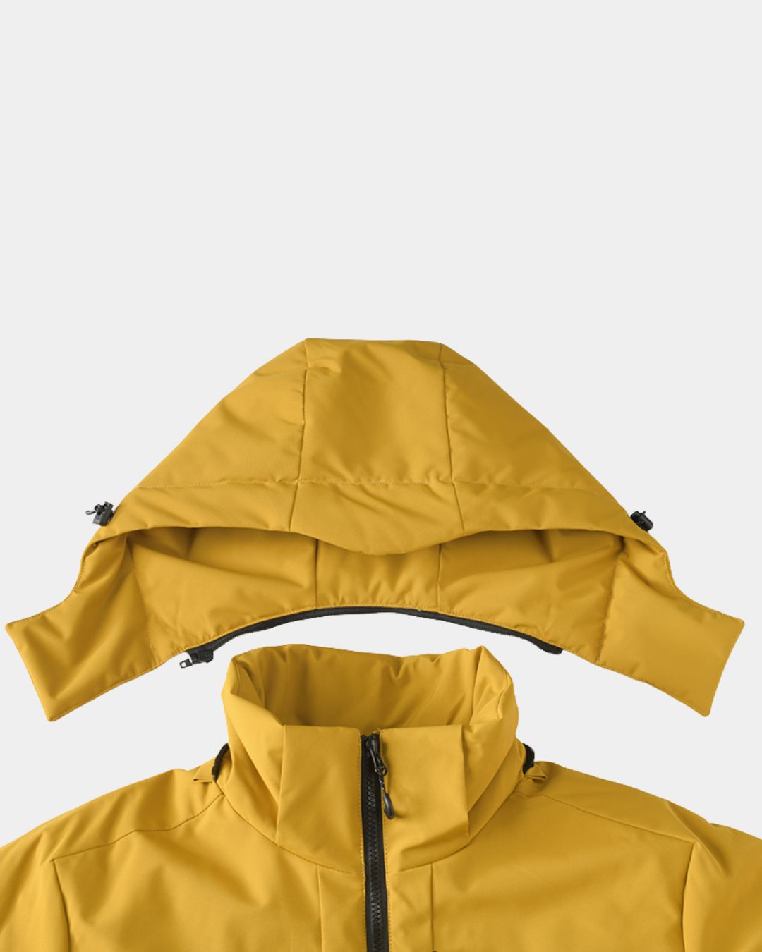 Upper view of men's yellow waterproof insulated windbreaker jacket showing detachable hood 