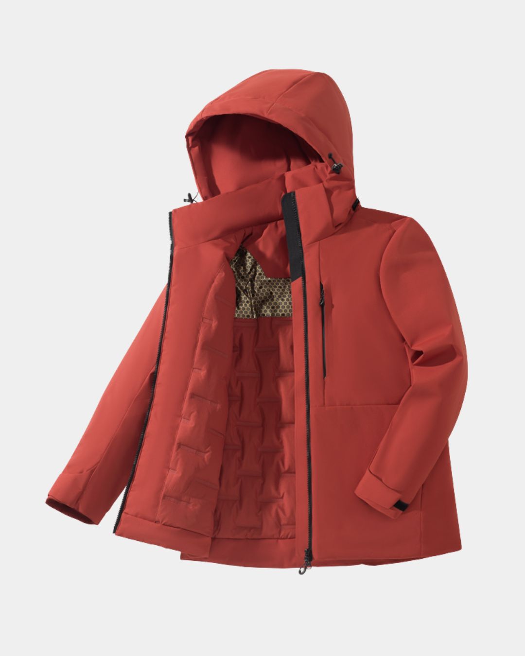 Three-quarter view of men's red waterproof insulated windbreaker jacket with detachable hood and padded lining