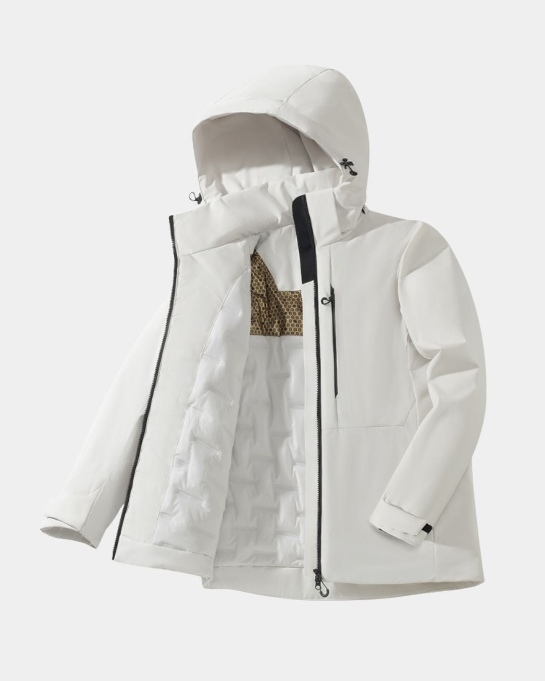 Three-quarter view of men's white waterproof insulated windbreaker jacket with detachable hood and padded lining