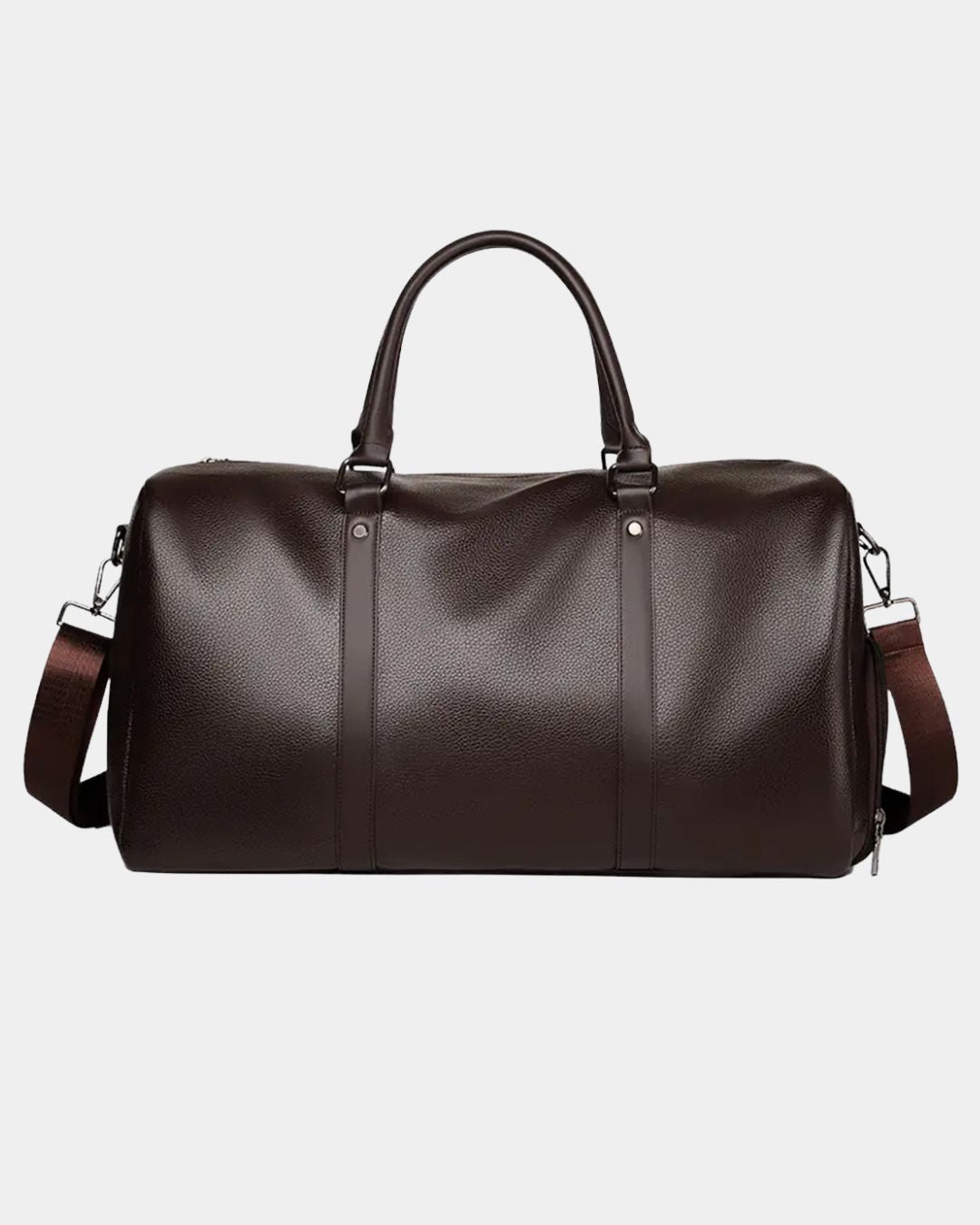 Dark brown textured men's weekender duffel bag with dual carry handles and an adjustable shoulder strap.