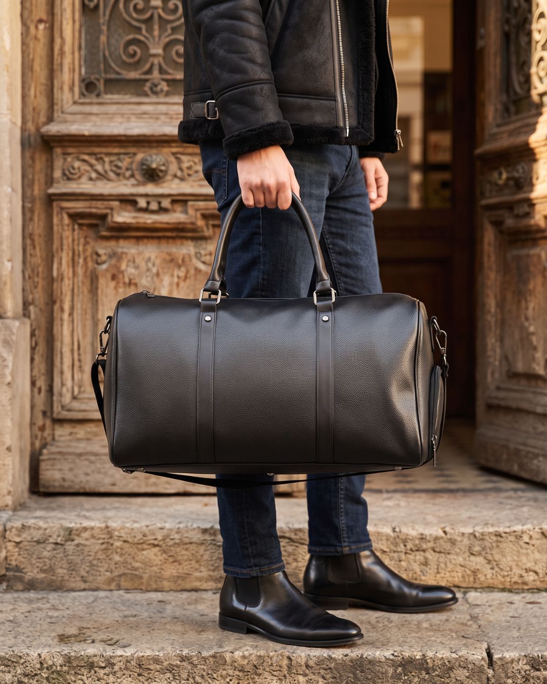 Man holding a black textured leather weekender duffel bag with dual carry handles and a zip closure.