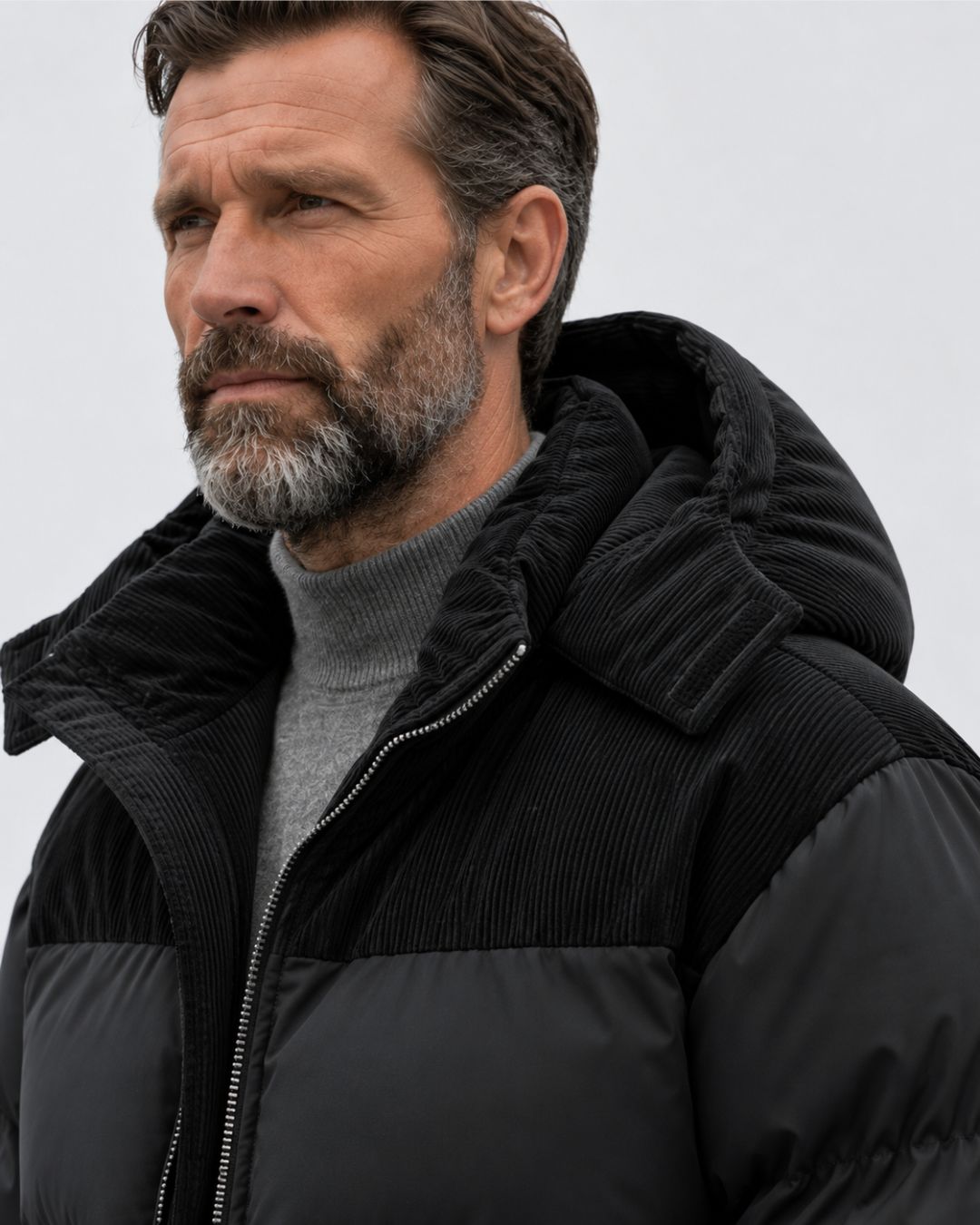 Men’s black puffer jacket with corduroy shoulder and hood detailing, featuring a detachable hood and insulated design.