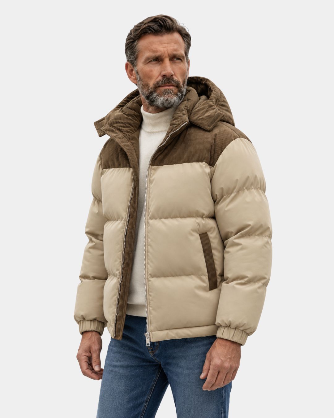 Beige puffer jacket with brown corduroy shoulder and hood detailing, featuring a detachable hood and elasticated cuffs.